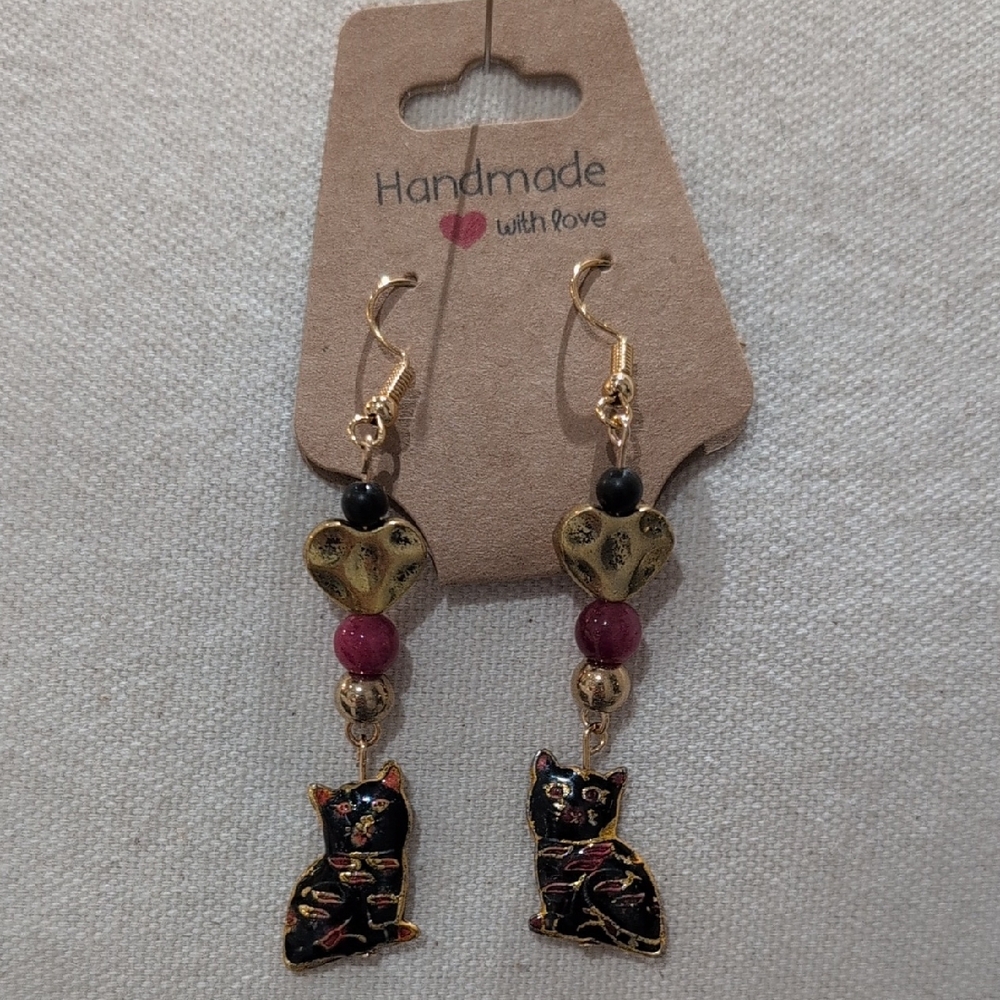 Black Cat Drop Earrings 18k Plated Posts - Handmade
